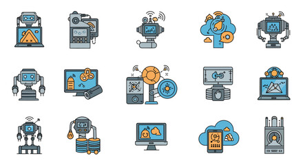 Modern robotics icons, data analysis, cloud computing, and innovative tech solutions for your next project with a future-forward, artificial intelligence theme
