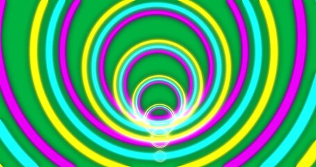 Wall Mural - Animation of purple yellow and blue neon circles moving in hypnotic motion on transparent background