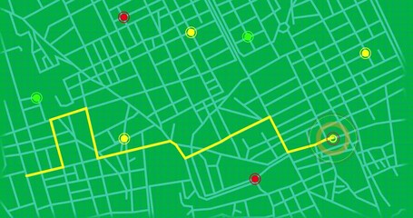 Wall Mural - Animation of glowing location point moving on city street map over transparent background