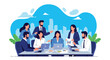 © Amie - Adobe illustrator artwork vector illustration of a business meeting with a diverse team collaborating around a table with laptops and charts
