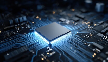 A close-up view of a computer processor surrounded by intricate circuit board designs and lights.