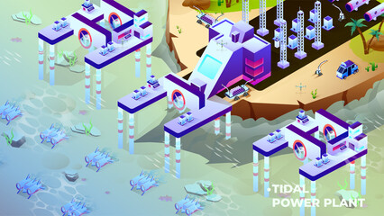 Pixelated Tidal Power Plant Isometric View with Purple Structures over Water and Beige Shoreline with Green Trees Transparent Background