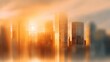 © morepiixel - Blurred modern financial district skyline background, tall glass skyscrapers, golden sunset glow reflecting, dreamy haze effect, smooth blur, large blank copy space for promotional text, professional.