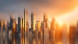 © morepiixel - Blurred modern financial district skyline background, tall glass skyscrapers, golden sunset glow reflecting, dreamy haze effect, smooth blur, large blank copy space for promotional text, professional.