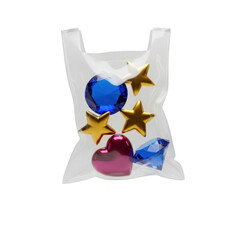 Gift bag filled with shiny hearts stars and blue objects for special occasions isolated on transparent background