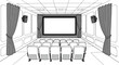 © Lsg 21 - Interior sketch of an empty cinema theater with plush seating a large projection screen and side curtains creating an immersive viewing experience isolated on white background