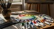 © Karen - A wooden table displays paintbrushes a colorful paint palette and paint tubes illuminated by warm light