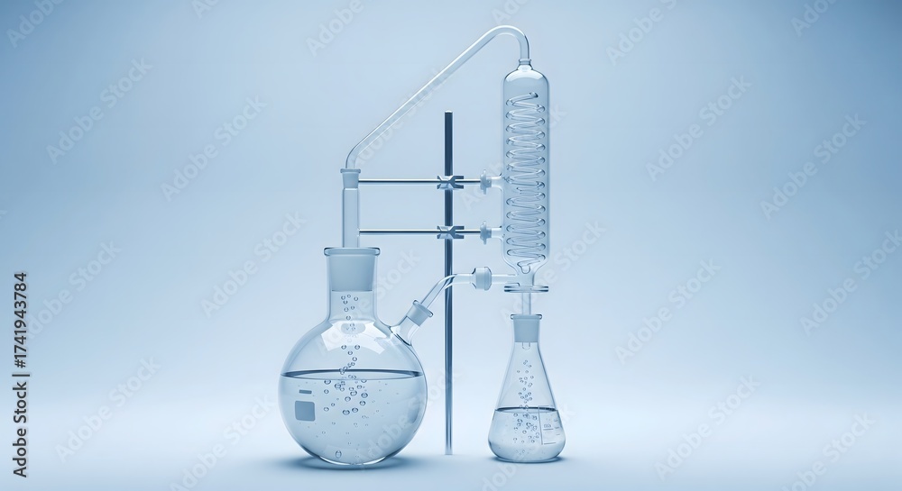 Studio shot of chemistry laboratory glassware set up for distillation ...