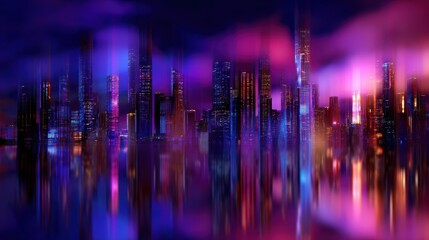 Wall Mural - Vibrant city skyline at night with colorful reflections in water, showcasing urban life and energy