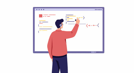 A male programmer, seen from behind, writing code on a large digital screen or whiteboard.