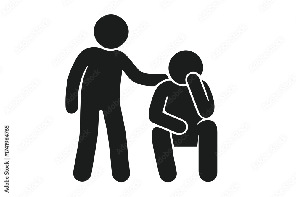 Man comforting sad friend icon. Support, empathy, and encouragement concept. Helping hand for depression, anxiety, grief. Mental health and therapy symbol. Vector pictogram.