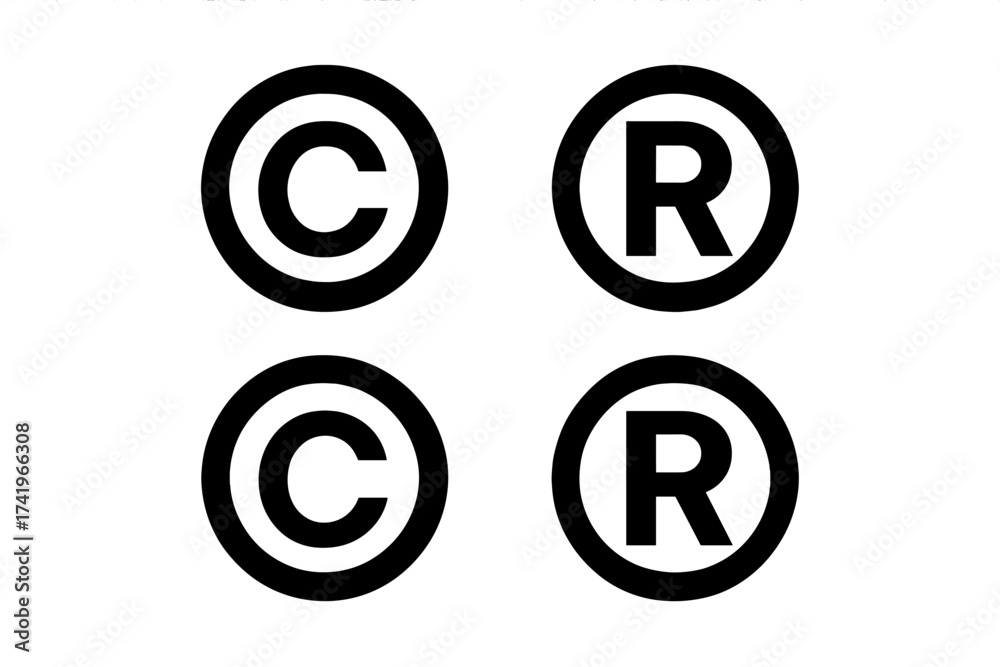 Set of registered trademark and copyright symbols. C and R letter icons ...