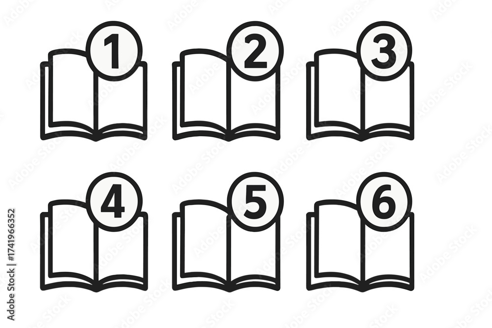 Book chapter icon set with numbers 1 to 6. Vector graphic for ordered ...