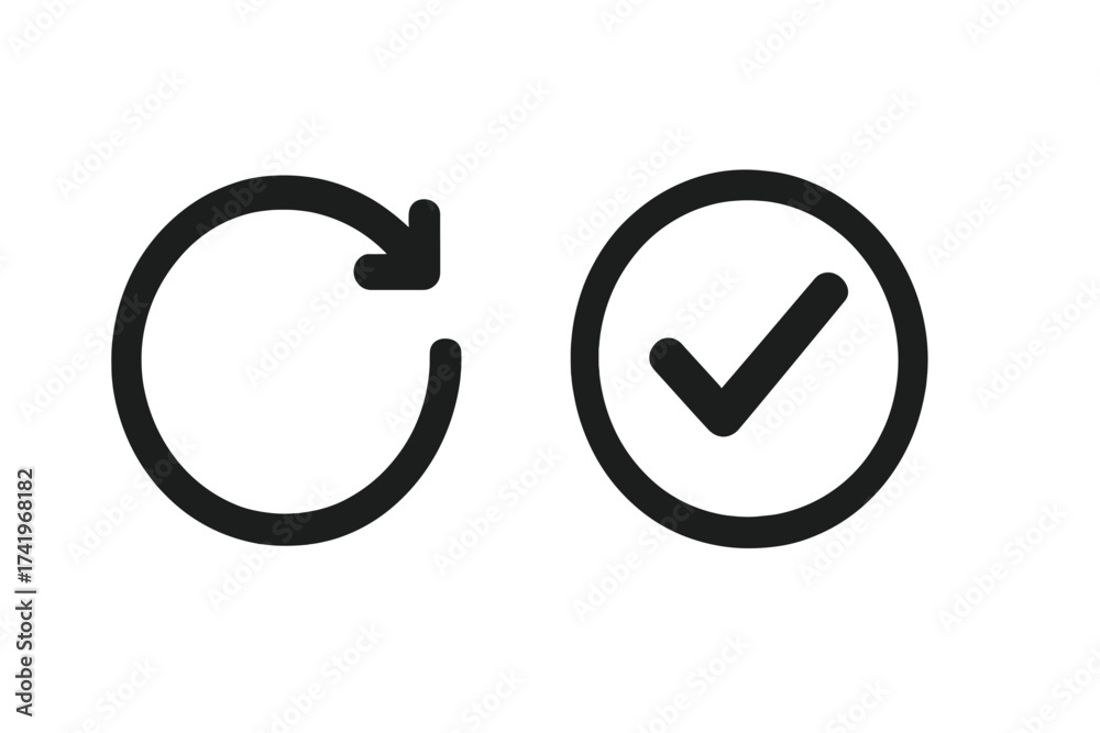 Reload Mark Update complete icon set. Refresh arrow and success check mark. System ...
