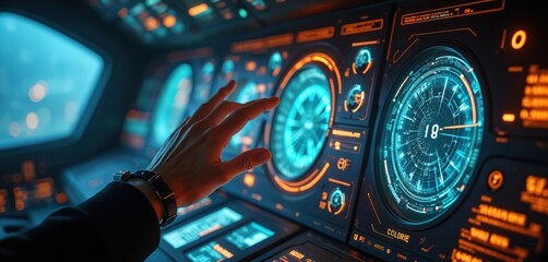 Close up of human hand interacting with futuristic spaceship console displays showing navigation data. Pilot controls spacecraft using advanced technology interface in starry space.