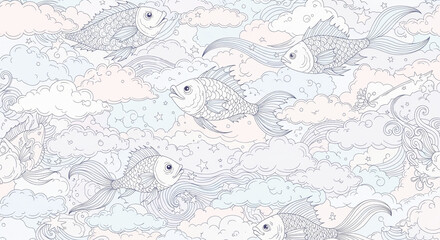  Seamless pattern with decorative fantasy fish swimming among soft pastel clouds and stars, whimsical sky illustration background
