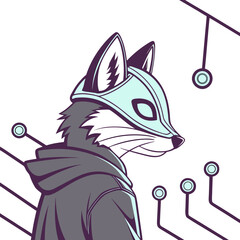Cybernetic Wolf in Hoodie Digital Illustration with Glowing Circuitry Accents
