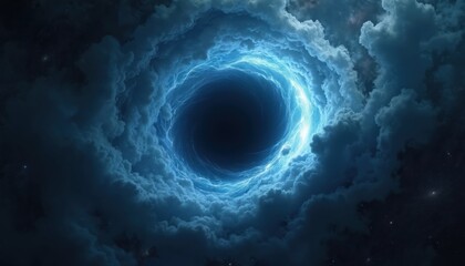 Wall Mural - Dark vortex portal with blue energy swirls and clouds opens in starry night sky. Cosmic gateway vortex with light streaks creates abstract space background.