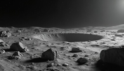 Wall Mural - Barren lunar surface with large crater and scattered rocks under dark star filled sky. Vast desolate extraterrestrial landscape with rolling hills and rough terrain. Space exploration background.