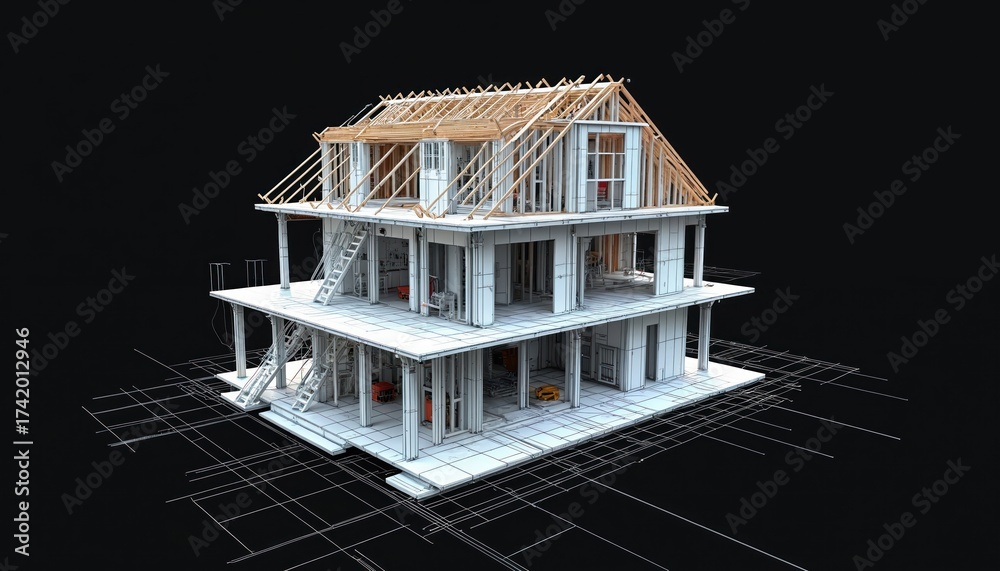 Illustration displays home during construction phase. Exposed wiring