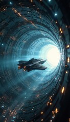 Wall Mural - Spaceship travels through glowing sci-fi tunnel. Futuristic spacecraft navigates brightly lit portal. Cosmic journey into unknown destination.