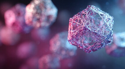 A detailed macro shot showcases a floating abstract molecular model made of wireframe mesh.