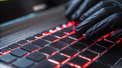 Close-up of gloved hands typing on a backlit keyboard, creating a sense of mystery and intrigue.