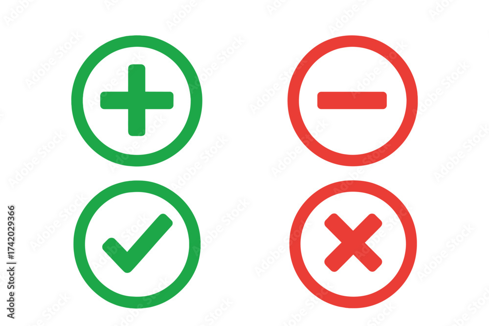 Pros and cons icon set for evaluation. Plus and minus symbols for ...