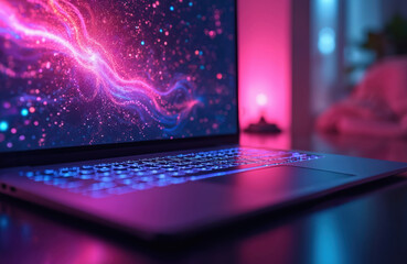 Wall Mural - Laptop displays vibrant pink and purple abstract digital art with glowing particles and lights. The keyboard is illuminated with blue LEDs. Futuristic tech concept with bokeh effects.