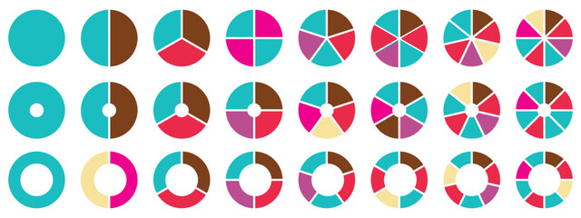 Wall Mural - Set of colorful pie charts. Colorful pie charts with varying segments. Circle section graph. Pie chart set. Pie charts diagrams. Different color circles. donut and pie chart infographic elements set.