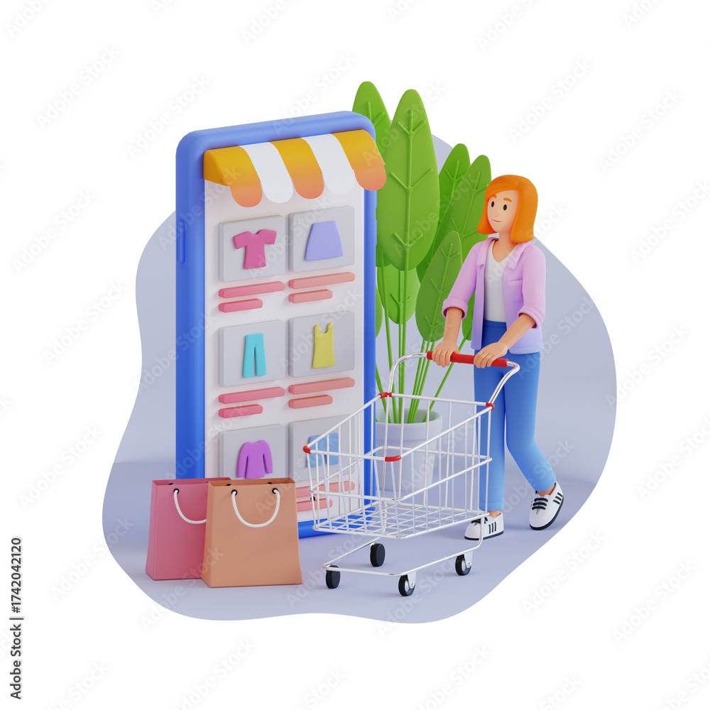 Young Woman Shopping Online Using a Mobile Phone 3d Character ...