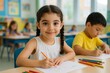 © diproduction - Happy children drawing with colored pencils in bright classroom setting during creative school activity, focus on smiling girl in white dress at desk. Ai generative