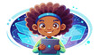 © williamnoah - Little Afro child holding a tablet, bright digital glow reflected on face, white background, vector art style, symbolizing modern learning, AI education, and technological curiosity.
