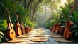 © Vadym - Musical instruments line stone pathway in serene tropical garden. Cellos guitars drums rest near green plants. Calm music performance space in nature. Summer concert event concept for zen music fans.