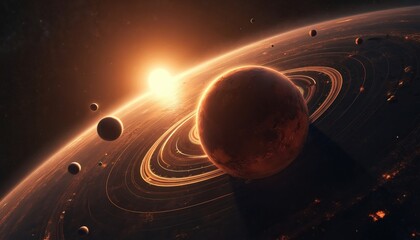 Wall Mural - Realistic solar system visualization with sun shining brightly. Planets with rings and moons orbit in vast cosmic space. Detailed celestial bodies demonstrate orbital paths and planetary dynamics.