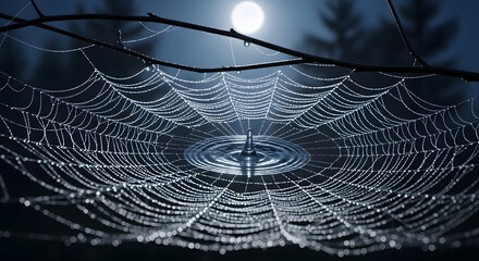 spider web with dew drops and moon in background