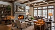 © fatkulmunif - Cozy Rustic Living Room with Stone Fireplace, Wooden Beams, and Snowy Window Views