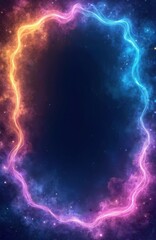 Wall Mural - Abstract neon wave border with colorful cosmic clouds and stars. Futuristic digital art forms a glowing frame on dark space background. Great for sci-fi or tech themes.