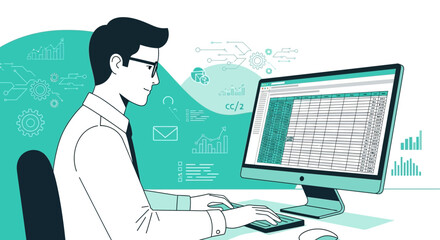 Analyst Working With Data On Computer, Processing Information, Displaying Financial Statistics