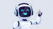 © edo - Cheerful robot character with a headset, smiling, and pointing upwards with a finger, representing artificial intelligence and technology for futuristic concepts