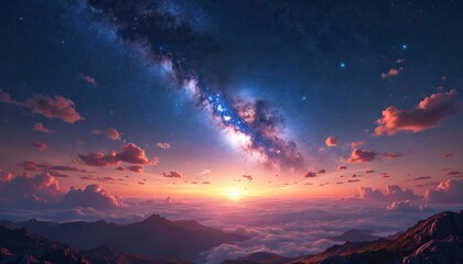 Wall Mural - Vast star-filled sky with Milky Way galaxy above clouds and mountains at sunrise. Colorful sky blends with dawn light over a dreamlike landscape.