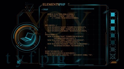 Futuristic HUD Interface Displays PHP Code and Abstract Geometric Graphics