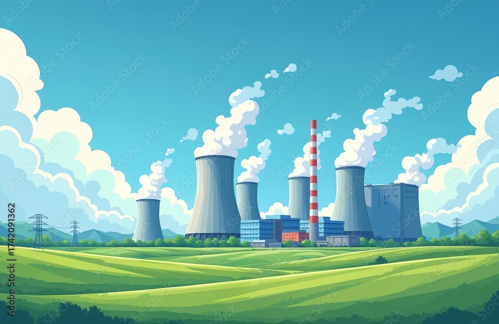 cartoon-power-station-illustration-with-cooling-towers-amid-green