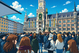 Anime-style illustration depicts a bustling public square in Germany, with a large historical building and many people gathered. Clear sky overhead.