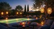 © Tri - Luxurious illuminated backyard pool area at twilight with cozy lounge seating, cocktails, and warm lantern ambiance for a serene evening retreat.