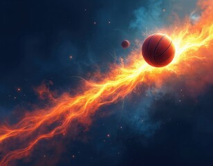 Wall Mural - Basketball flies through cosmic fiery nebula with bright light trails and distant stars. Dynamic energy motion suggests speed and power. Intense action in deep space.