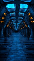 Wall Mural - Explore a futuristic spaceship corridor with stunning blue lighting and glimpse the stars beyond, perfect for science fiction concepts and adventurous designs