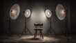 © albert - Studio scene empty dark chair, four powerful reflector lights illuminating a grey wall