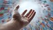 © olga_demina - Open hand reaching out against a blurred background of colorful international flags, symbolizing global unity, cooperation, and peace, conveying a message of hope and understanding between nations
