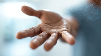 Businessman extending hand with superimposed network graphic, symbolizing global connection, communication, and technological advancement in business